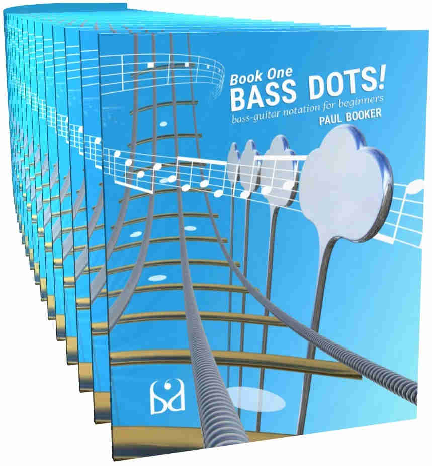 Image shows Bass Dots 1 book cover, showing title, author, and wavy fretboard