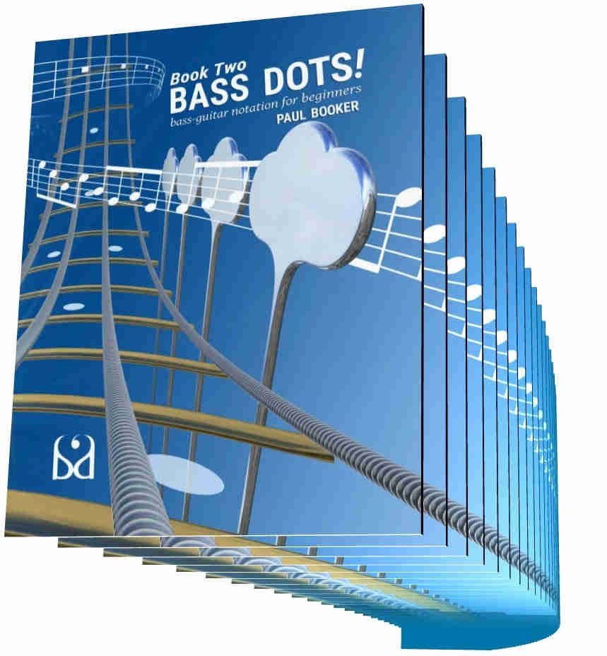 Image shows Bass Dots 2 book cover, showing title, author, and wavy fretboard